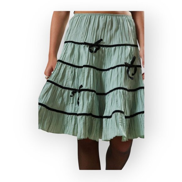Kimchi Blue Fairycore Tiered Mini Skirt Seafoam Green A Line Ruffle Bows Size S - Picture 10 of 10